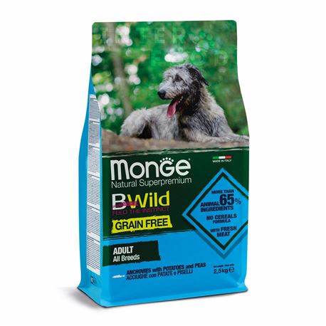Monge B-Wild Grain Free All Breed Adult Acciughe con Patate e piselli – 2.5kg