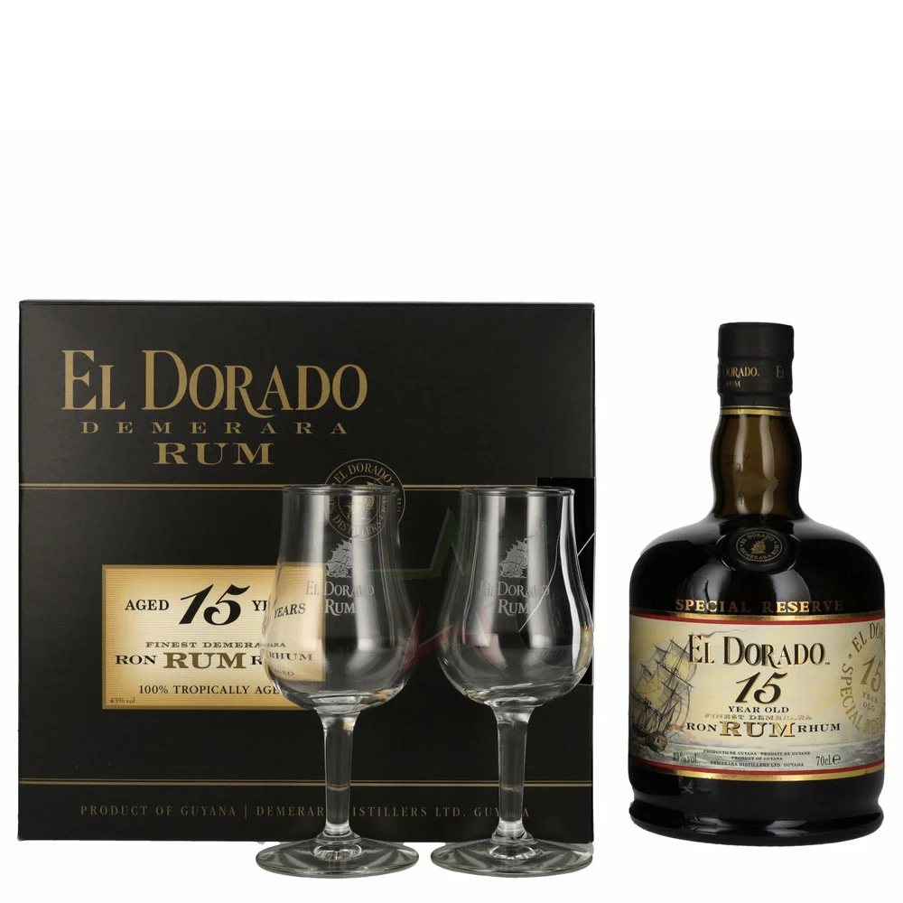 Rum El Dorado 15 Anni cl 70 + 2 Bicchieri Astucciato - immagine 2